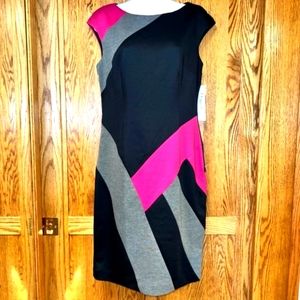 Maggy L Black Pink and Gray Geometric Bodycon Cap Sleeve Dress, NWT, Size 10